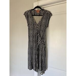 Tory Burch Wrap Dress Black & White Large 100% Silk Knee Length Sleeveless M
